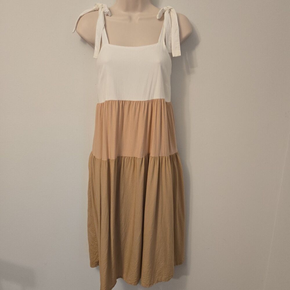 Boho Colorblock Tiered Midi Dress Small Tie Shoulder Neutral Rayon Summer Flowy